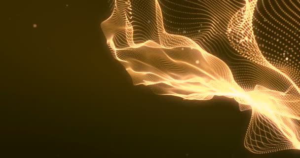 Абстрактний золотий градієнт геометричного сплетення, що тече на чорному тлі з лініями та блискітками — стокове відео