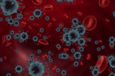 Atardamar zemininde 3 boyutlu görüntüleme, koronavirüs ve kan hücreleri covid-19 influenza salgın hastalıklar için tıbbi risk kavramı olarak tehlikeli grip gerilimi vakaları olarak dolaşmaktadır.