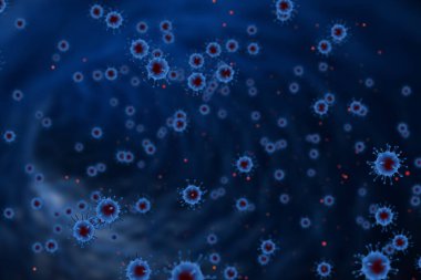 3D rendeleme, mavi koronavirüs hücreleri covid-19 influenza soyut mavi arka planda akan kırmızı hücreler tehlikeli grip virüsü vakaları olarak hastalık hücrelerinin salgın riski konsepti olarak kabul edilir. 