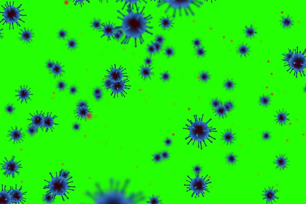 3D rendering, blue coronavirus cells covid-19 influenza flowing on chroma key green screen background as dangerous flu strain cases as a pandemic medical health risk concept of disease cells risk