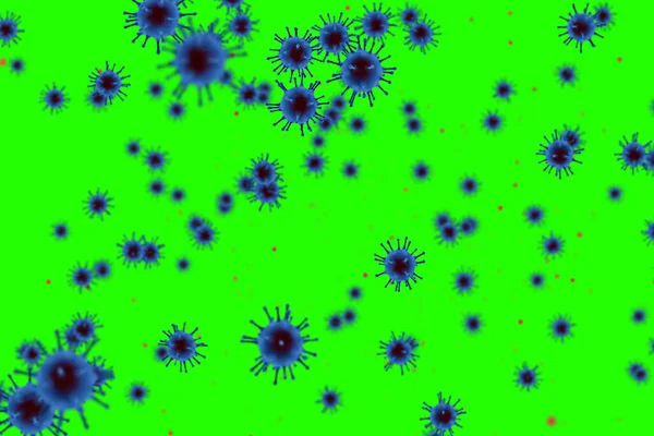 3D rendering, blue coronavirus cells covid-19 influenza flowing on chroma key green screen background as dangerous flu strain cases as a pandemic medical health risk concept of disease cells risk