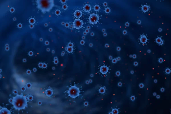 Рендеринг Голубые Коронавирусные Клетки Ковид Гриппа Течет Абстрактном Синем Фоне — стоковое фото