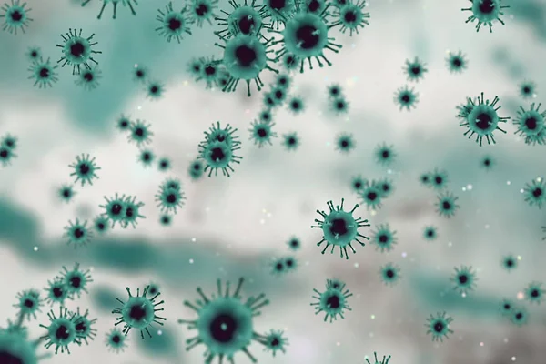 Renderização Células Coronavírus Verde Claro Covid Influenza Fluindo Fundo Verde — Fotografia de Stock