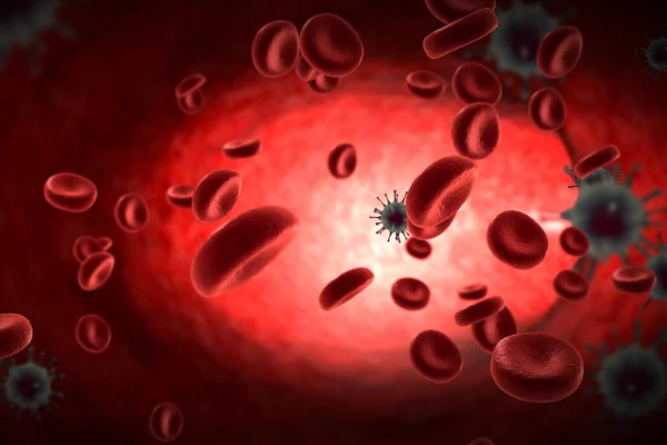3Dレンダリング コロナウイルスおよび血液細胞は 疾患細胞のリスク概念としてのパンデミック医療健康リスクの概念として危険なインフルエンザ株のケースとして動脈の背景に流れるCovid 19インフルエンザ — ストック写真
