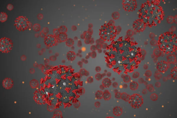 Rendering Coronavirus Zellen Covid Influenza Die Auf Grauem Gradienten Hintergrund — Stockfoto