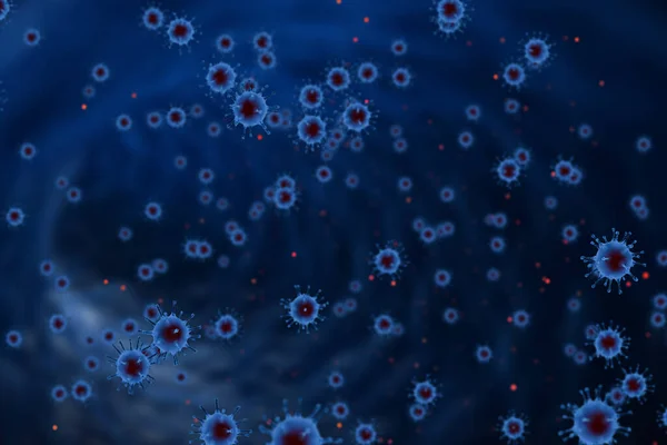 3Dレンダリング 青色のコロナウイルス細胞は 疾患細胞リスクのパンデミック医療リスク概念として危険なインフルエンザ株のケースとして赤の細胞と抽象的な青色の背景に流れるCovid 19インフルエンザ ストックフォト