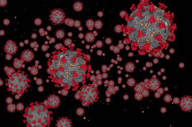 3D görüntüleme, koronavirüs hücreleri covid-19 gribi kara zemin üzerinde dolaşırken tehlikeli grip salgını vakaları salgın hastalık hücrelerinin risk taşıdığı tıbbi risk kavramı olarak görülüyor.