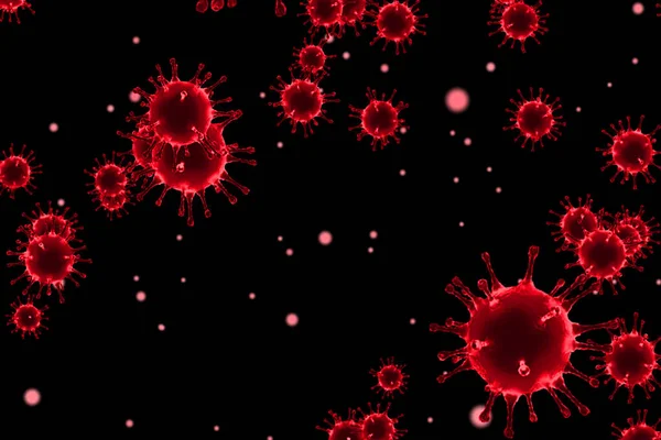 Rendering Red Coronavirus Cells Covid Influenza Flowing Dark Gradient Background — Stock Photo, Image