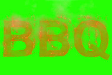 Krom anahtar yeşil ekran arka planında yükselen alevler, beslenme, diyet ve tipik Amerikan mutfağı kavramı ile kelime ile bbq yazıldı