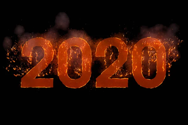 Written 2020 Word Flames Rising Black Background Concept Concept Happy — Stock Photo, Image