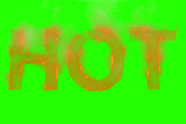 Írott Forró Szóban Lángok Emelkedik Chroma Kulcs Zöld Képernyő Háttér — Stock Fotó