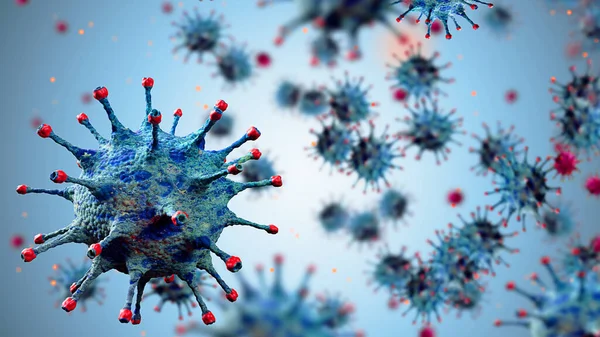 3D rendering, blue coronavirus cells covid-19 influenza flowing on blue gradient background as dangerous flu strain cases as a pandemic medical health risk concept of disease cells risk