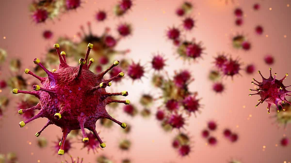 Weergave Van Rode Coronaviruscellen Covid Influenza Die Stroomt Dlight Roze Stockfoto