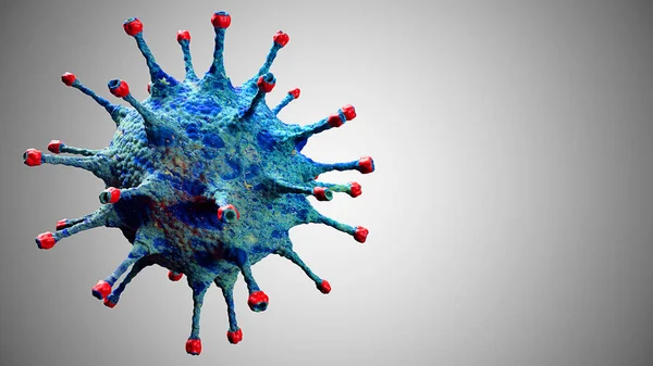 3D rendering, blue coronavirus cells covid-19 influenza flowing on grey gradient background as dangerous flu strain cases as a pandemic medical health risk concept of disease cells risk, with space for text