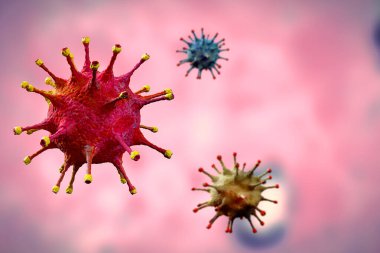 3 boyutlu kırmızı koronavirüs hücreleri covid-19 influenza dlight mikrobiyoloji pembe arka planda tehlikeli grip gerilimi vakaları olarak salgın hastalık hücreleri risk konsepti olarak gösterilir.