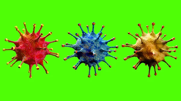 Rendering Tiga Sel Coronavirus Merah Biru Kuning Covid Influenza Mengalir — Stok Foto