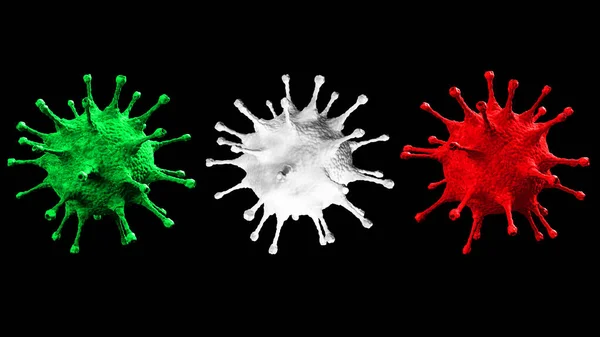 Renderização Três Células Coronavírus Verde Branco Vermelho Bandeira Italiana Covid — Fotografia de Stock