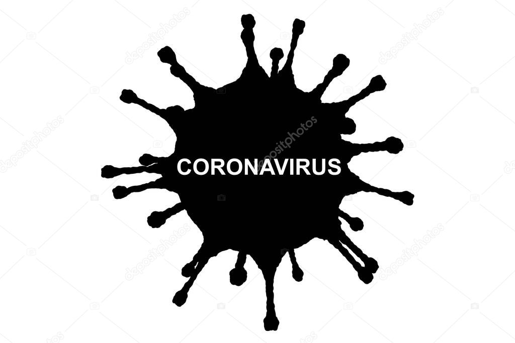 3D rendering black coronavirus cells covid-19 influenza flowing on isolated white background as dangerous flu strain cases as a pandemic medical health risk concept of disease cells risk, with word coronavirus