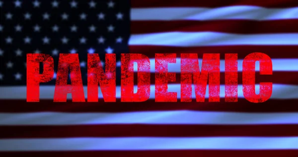 Pandemie Červeného Slova Pozadí Vlajky Usa Koronavirové Buňky Kovid Chřipka — Stock fotografie