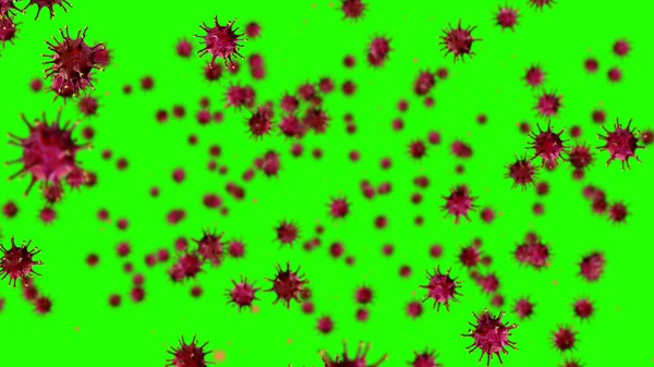 3D渲染 红珊瑚细胞Covid 19流感背景流动带着色关键绿色筛选作为一种危险的流感病毒株病例作为一种大流行的医疗健康风险概念的疾病细胞风险 — 图库照片