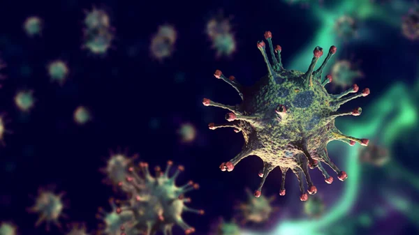 Rendering Mehrfarbige Coronavirus Zellen Covid Influenza Die Auf Einem Farbplexus — Stockfoto