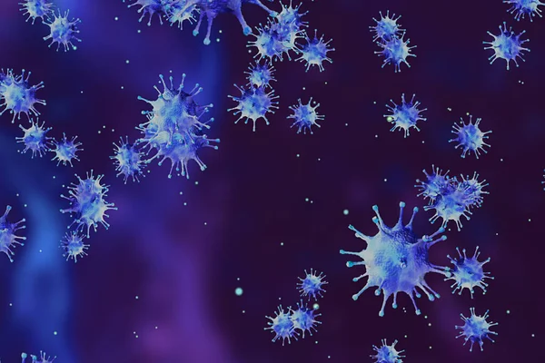 Renderização Células Coronavírus Azul Covid Influenza Fluindo Fundo Azul Abstrato — Fotografia de Stock