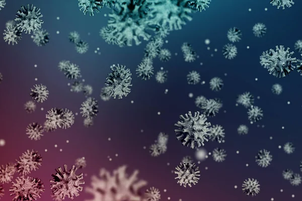 Renderowanie Wielokolorowe Komórki Koronawirusowe Covid Grypa Płynąca Fioletowym Niebieskim Tle — Zdjęcie stockowe
