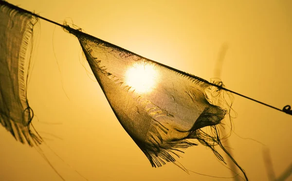 fabric pieces waving on rope in sunlight