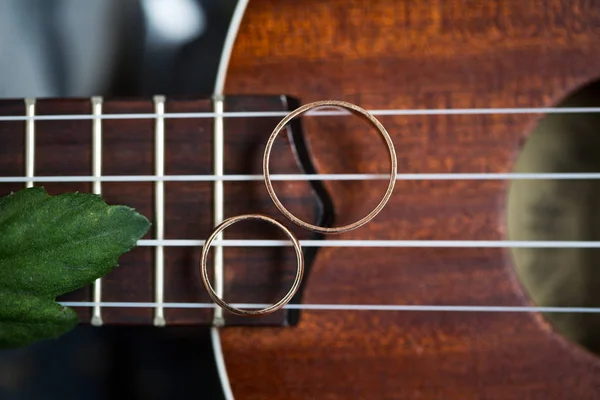 Dois anéis de casamento em catguts de guitarra — Fotografia de Stock