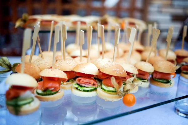 Vista Primer Plano Filas Pequeños Aperitivos Con Pescado Verduras Rollos —  Fotos de Stock