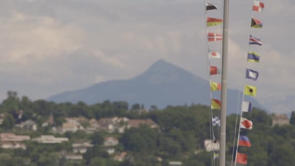 Город с флагами на переднем плане — стоковое видео