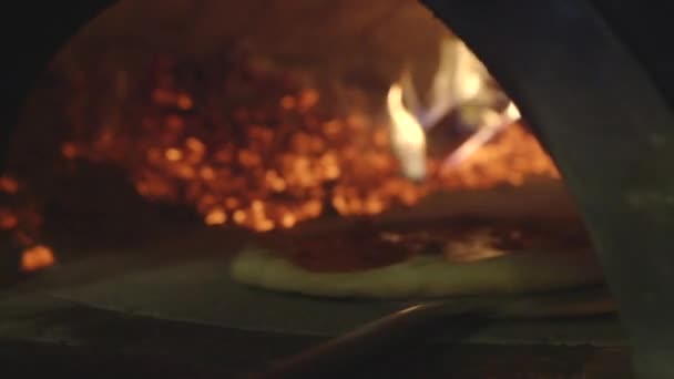 Chef-kok neemt pizza uit de oven — Stockvideo