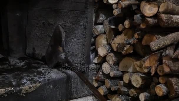 Feuerstelle mit gestapelten Baumstämmen — Stockvideo
