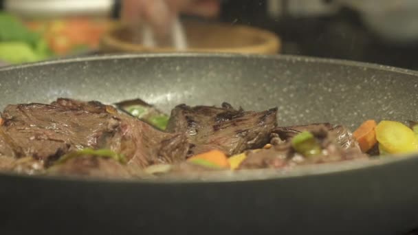 Manlig hand matlagning stekt kött — Stockvideo
