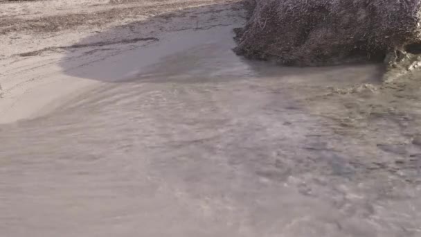 Κοντινό Πλάνο Της Κύματα Κυλάνε Πάνω Στην Αμμώδη Παραλία — Αρχείο Βίντεο