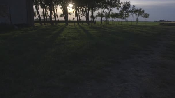 Vue paysage de la lumière du soleil à travers les arbres au coucher du soleil avec maison  