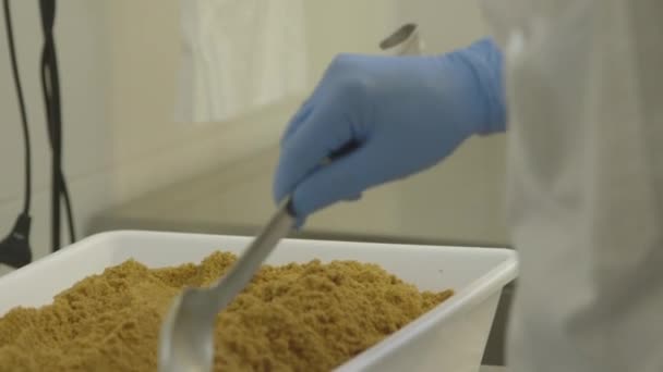 Şef Ekmek Kırıntıları Beyaz Pişirme Çanağı Içinde Yayılan Eldivenli — Stok video