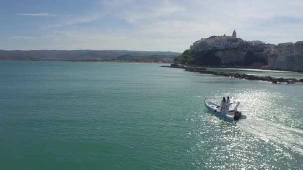 Aerial View Couple Riding Motorboat Harbor Vieste Town Southern Italy — Stock Video