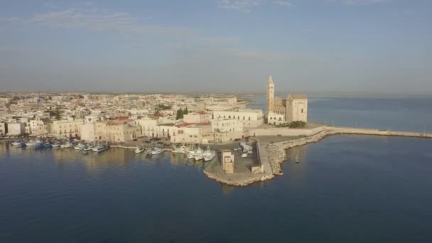 Drone Video Katedralen Trani Och Gamla Staden Vid Havet Italien — Stockvideo