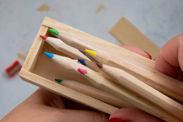 wooden pencil case with colour pencils for back to school
