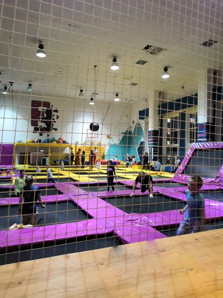 Russia, Moscow - 17.10.2019: children's activities jumping on a trampoline center calls Flip Fly — Stock Photo, Image