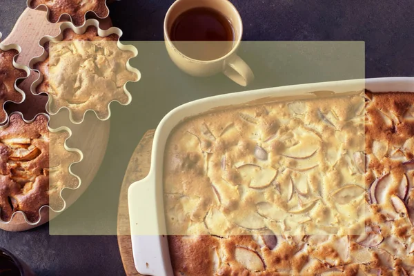 mock up apple pie, baking background with copy space, cooking mock-up with flour, apples, tea