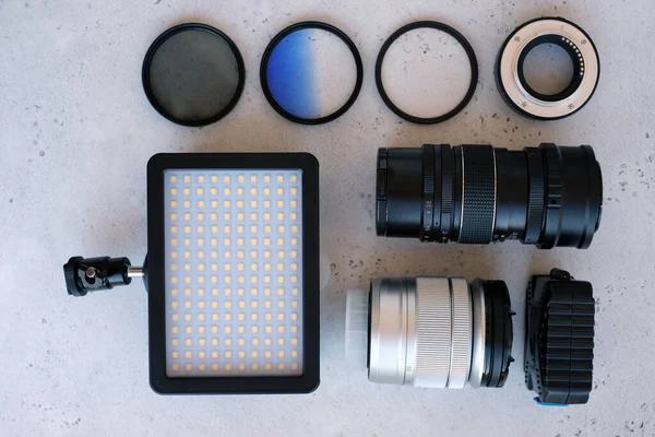 Vídeo Luz Filtros Lente Incluindo Polarizador Gradiente Anéis Adaptador Uma — Fotografia de Stock