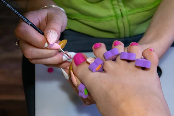 Step Step Pedicure Home Coloring Nails Brush Pink Varnish Pedicure — Stock Photo, Image