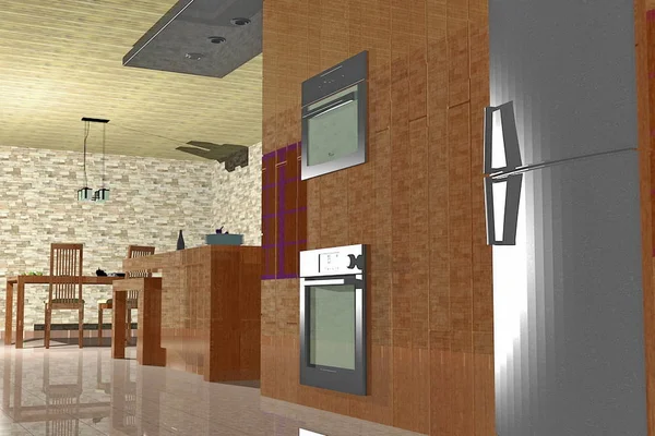 Área de cozinha com plano de piso aberto vista da sala de estar — Fotografia de Stock