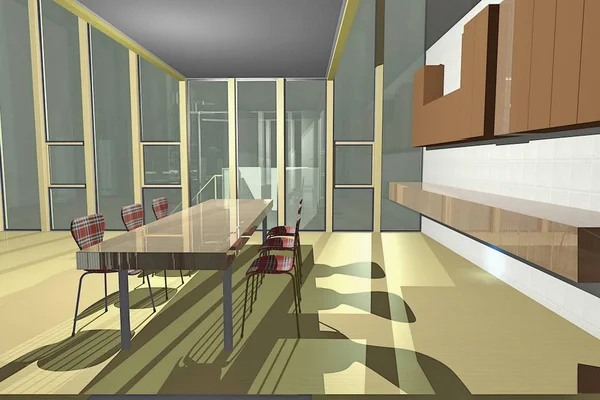 Área de cozinha com plano de piso aberto vista da sala de estar — Fotografia de Stock