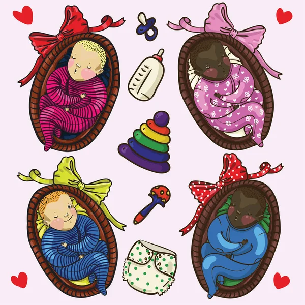 Conjunto de quatro bebês de cor bonito dormindo na cesta — Vetor de Stock
