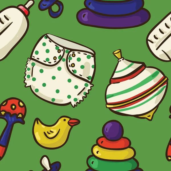 Naadloze schattig hand-draw heldere patroon met speelgoed zweefmolen, rammelaar, slipje, rubber duck, luier, tepel, fles, speelgoed piramide in cartoon stijl op groene achtergrond — Stockvector