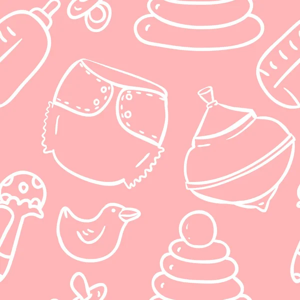 Modello di contorno senza cuciture carino disegnato a mano con vortice giocattolo, sonaglio, mutandine, anatra di gomma, pannolino, capezzolo, bottiglia, piramide giocattolo in stile cartone animato su sfondo rosa — Vettoriale Stock