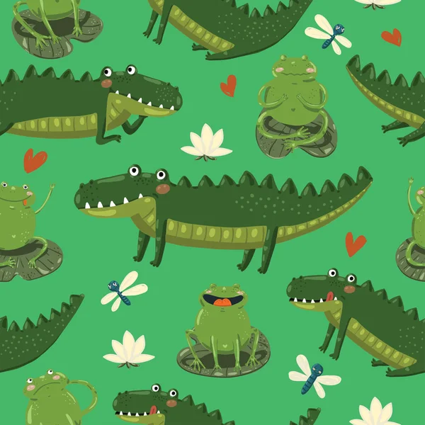 Patrón sin costuras con divertidos cocodrilos dibujados a mano, nenúfares, corazones, ranas y libélulas en estilo de dibujos animados sobre fondo verde . — Vector de stock